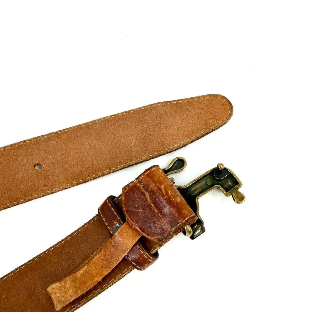Vintage 90s Distressed Brown Leather Belt With Brass Faucet Buckle